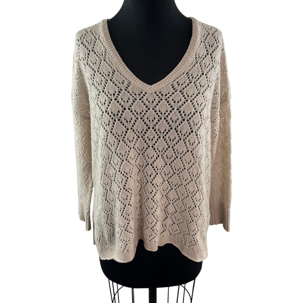 CALYPSO Cashmere Diamond Knit Sweater V-Neckline Long Sleeve Beige Size L Large